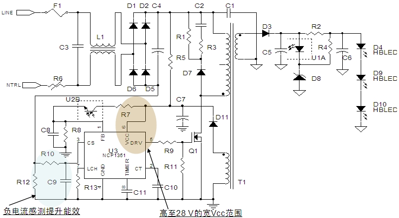 图3：基于NCP1351的8 W至25 W AC-DC LED照明应用电路示意图