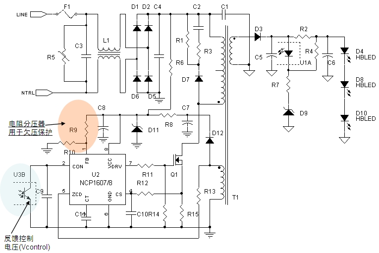 图4：基于NCP1607/8 PFC控制器的8 W-25 W AC-DC LED照明应用示意图
