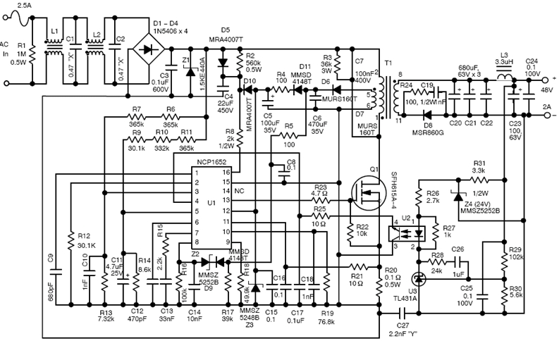 图5：基于NCP1652单段式PFC控制器的50 W-150 W AC-DC LED方案