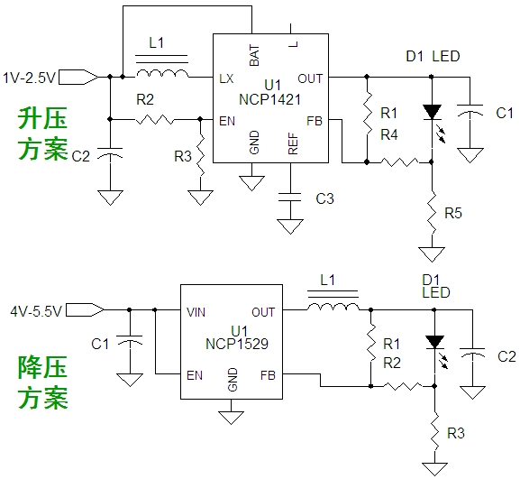 图7：基于NCP1421及NCP1529的LED手电筒升压和降压方案
