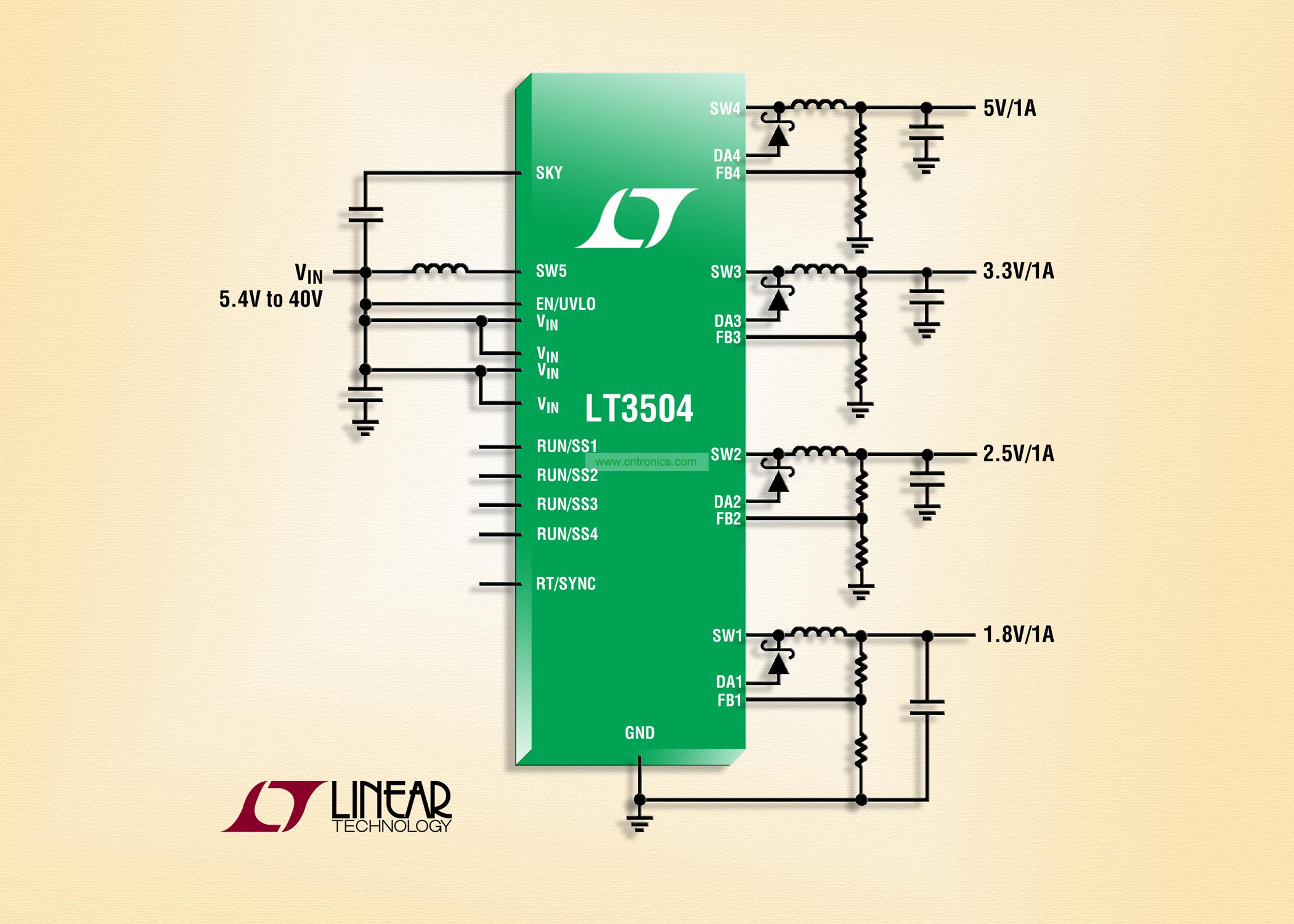 40V、4 通道 1A (IOUT)、2.2MHz 降压型 DC/DC 转换器