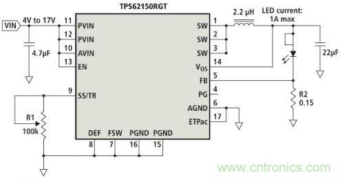 电位计R1实现的模拟亮度调节LED驱动器