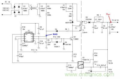 移动设备充电器所使用的一个5V/5W非连续反向电源的原理图