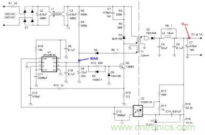 移动设备充电器所使用的一个5V/5W非连续反向电源的原理图