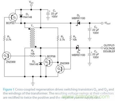 交叉耦合地可再生驱动开关晶体管Q1和Q3以及变压器绕组