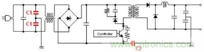 车载充电器电源电路例 (C1: AC线路滤波器用Y电容器、C2: 初级-次级耦合用电容器) 