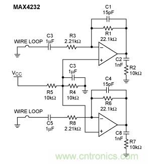 MAX4232双运放的RF噪声抑制能力测试电路