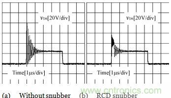加RCD吸收电路前后vds的实验波形