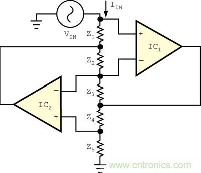 一种经典的通用阻抗变换器,在VIN处提供一个单端阻抗 (为简明起见,图中省略了电源连接)