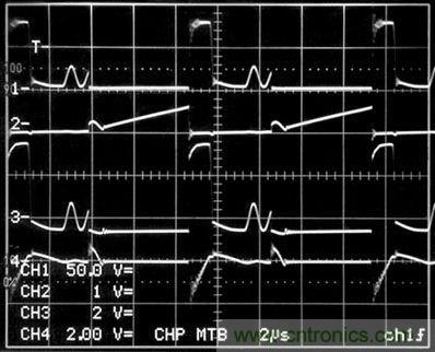 图1电路所示的开关波形。（通道1是T1（即引脚12）的初级开关电压；2号通道是进入Q1漏极的初级开关电路（10A/格）；通道3是T1（即引脚2）的次级开关电压（200V/格）；4号通道是R3两端的电压）