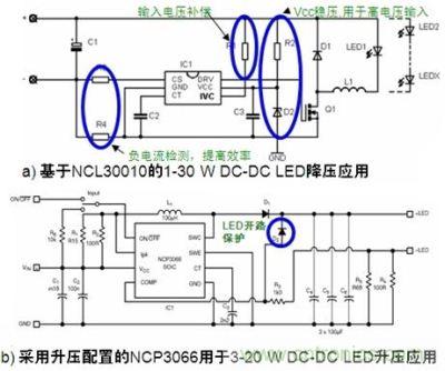 基于NCL30010的1-30W LED降压应用和基于NCP3066的3-20W LED升压应用