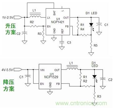 基于NCP1421的升压型和基于NCP1529的降压型1～3W手电筒LED应用