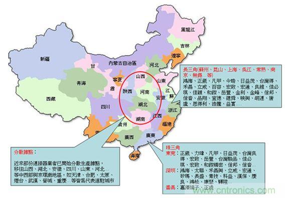 图2：台湾连接器厂商大陆设厂分布图