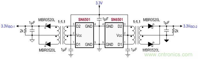 图 5 ：VISO-1 和 VISO-2 的隔离式电源设计