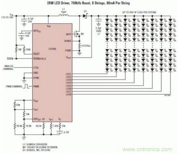 采用 LT3760、效率为 90% 的 28W LED 背光照明电路