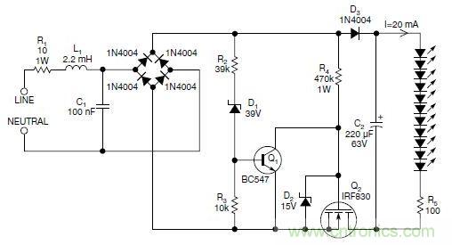 图2：斩波工作类似图1中的电路，但以较大的LED串联电阻代替了恒流源，提供限流功能