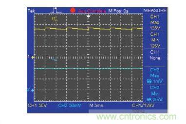图4：黄线和蓝线分别代表VRMS为220V时（50Hz ac）C 1和R5上的电压