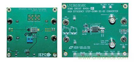 图2：在低压降压转换器使用EPC9101及经过修改的DC1640A-B演示板的比较