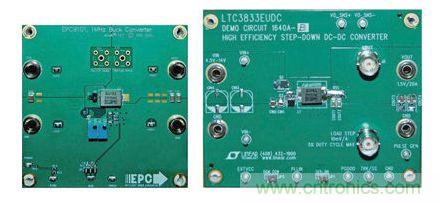 图2:在低压降压转换器使用EPC9101及经过修改的DC1640A-B演示板的比较