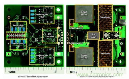 图6：采用eGaN FET设计的48V至53V半砖PSE转换器的顶视图和底视图(单位为英寸)。