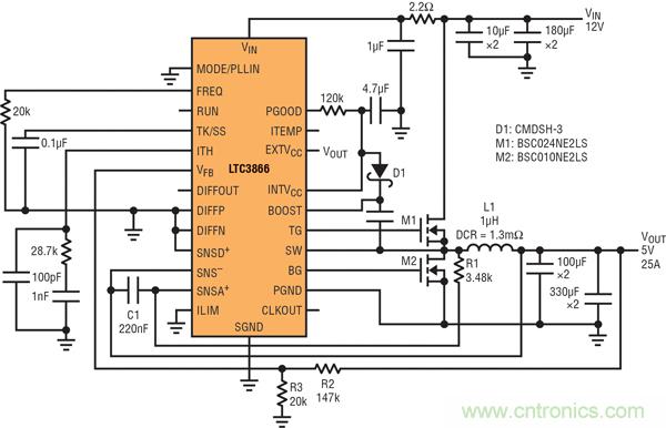 图9:高效率电源,12V输入至5V/25A输出