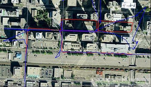 图3：FOG/GPS集成解决方案(FOG+GPS红色，独立GPS蓝色)