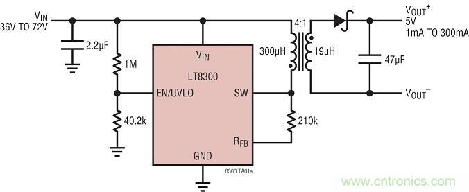 图 1：具主端输出电压检测的 LT8300 反激式转换器