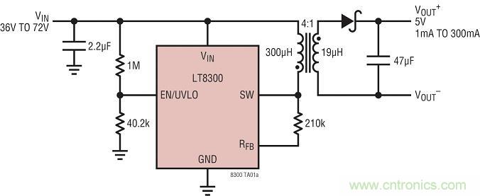 图 1:具主端输出电压检测的 LT8300 反激式转换器