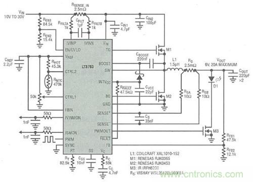 图1：一个具有模拟和PWM调光功能的大功率LED (20A)驱动器