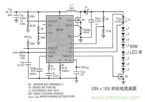 图1:用于汽车前灯、具备 25:1 的内部 PWM 调光、效率为 94% 的升压模式 LED 驱动器