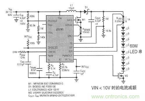 图1：用于汽车前灯、具备 25:1 的内部 PWM 调光、效率为 94% 的升压模式 LED 驱动器