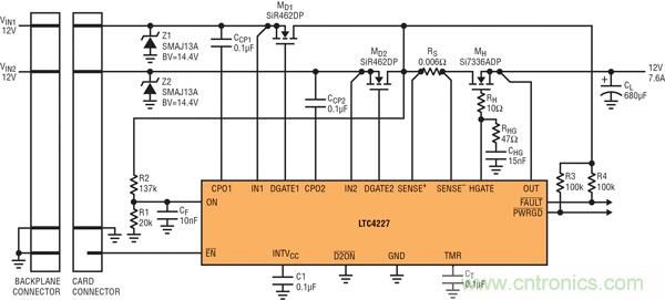 图 7：用 LTC4227 实现具备热插拔控制和存在板卡的二极管“或”应用