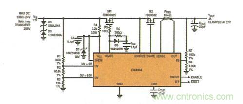 图2:具反向电流保护功能的浪涌抑制器可在 VIN上承受 200V/-24V 瞬态电压