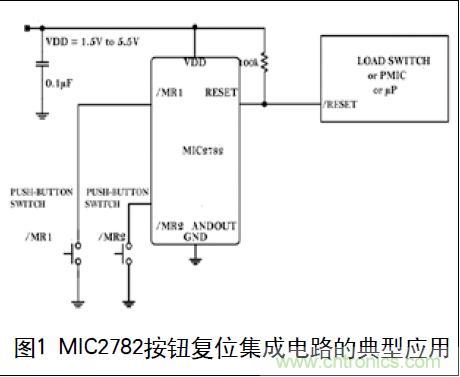 图1 MIC2782按钮复位集成电路的典型应用
