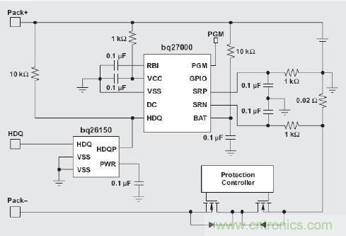 图2 具有 bq27000 和验证 IC 的电路