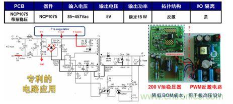 基于NCP1075开关稳压器和200 V预稳压器的极宽电压范围15 W参考设计。