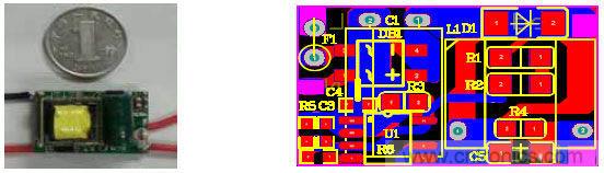 图3：DU8613球泡灯应用实物图及其PCB布线图