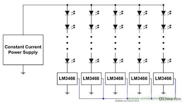 采用LM3466实现多串LED照明配置原理图