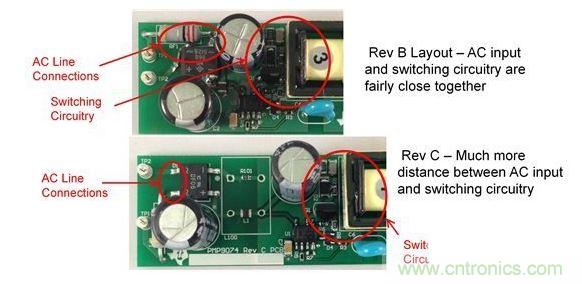 让输入布线与具有高 dV/dt 的节点靠得太近会增加传导 EMI