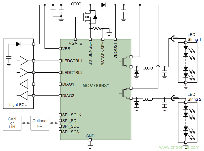 安森美半导体单芯片智能前照灯LED驱动器NCV78663应用电路图