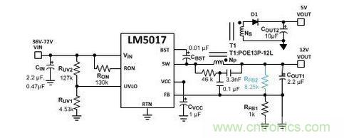 基于 LM5017 的 Fly-Buck 转换器电路,没有基于光耦合器的稳压电路