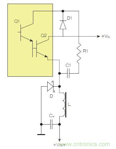 为了实现用两个元器件提升电源转换效率，芯片上应有针对驱动器晶体管Q1集电极的单独引脚。