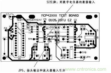 这是对图2所示电路的第一次布线尝试。此配置在模拟线路上产生不规律的噪声,这是因为在特定数字走线上的数据输入码随着数字电位器的编程需求而改变。