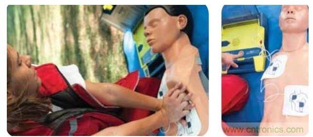 胸部按压CPR(左图)迫使血液循环，为大脑及其它生命器官供血，直到AED重启心脏(右图)。