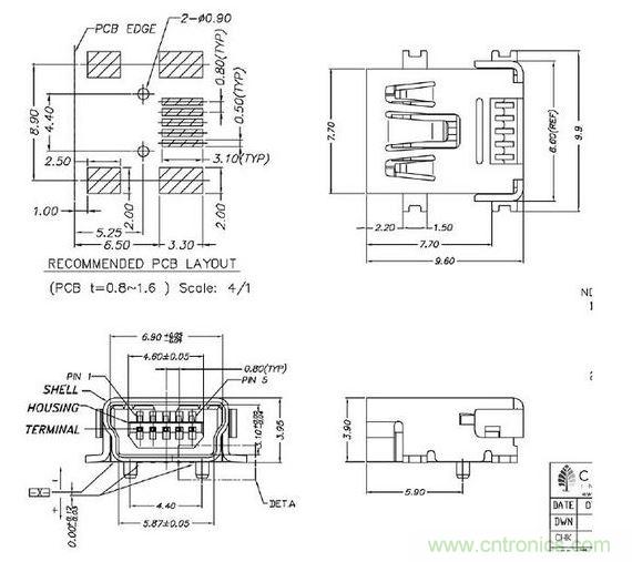 USB Mini-B型插座贴片