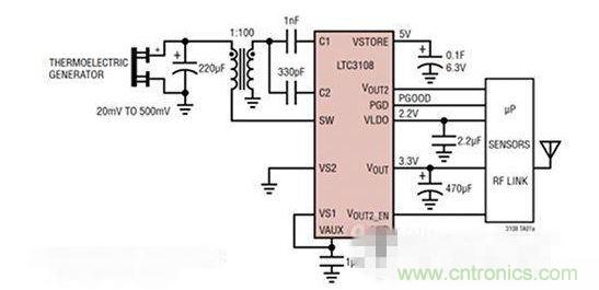 LTC3108 电源芯片优化用于从热电设备收集能量。