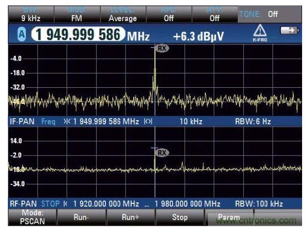 PSCAN停止后显示双频谱，在上方的中频频谱更好地显示干扰信号