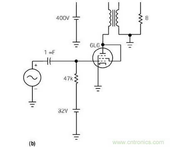 五极管（a）能输出比三极管（b）大得多的功率，但采用升压三极管配置除外（c）