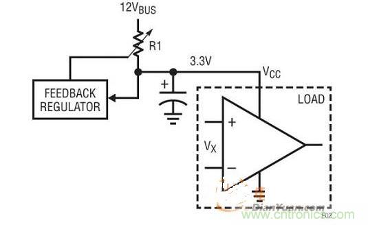 反馈环路调整串联电阻器R1的阻值以调节3.3V