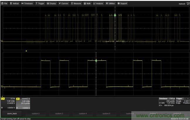 使用CustomDSO运行VB脚本“zoom_Track.lss”。当脚本运行时,缩放波形的中心将跟踪水平的光标绝对位置。从图中可以看出,光标将永远位于缩放波形Z1的中心